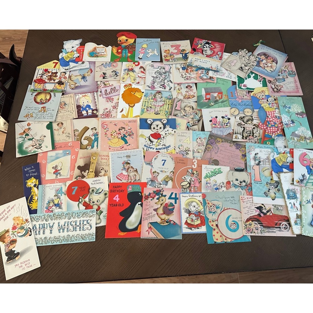 Vintage Birthday Cards Lot Mid Century Childrens Ephemera Animals Ages 1-7 60+pc